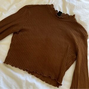 Waffle Knit Turtleneck Crop Long Bell Sleeve Top